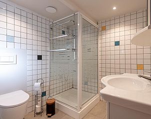 Modern bathroom in chalet Cabane Crevette, Nieuwpoort-Bad, Belgium with stylish shower and sink.