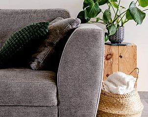 Comfortabele zithoek in Vakantiehuis in Lauwe, West-Vlaanderen, met grijze bank en groene plant.