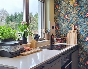 Moderne keuken in Villa Veldzicht, Glabbeek met uitzicht op de tuin.