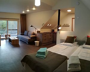 Gemtliches Wohnzimmer im Ferienhaus in Maaseik, Limburg, Belgien mit bequemem Sofa und Blick auf die Terrasse.