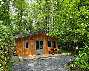 Ferienhaus in Lanaken, in einem bewaldeten Gebiet in Limburg, Belgien, mit einer einladenden Terrasse und einer natrlichen Holzfassade.
