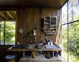Keuken van Treetrunk met hottub in Neeroeteren, Limburg, Belgi met rustiek houten design en uitzicht op natuur.