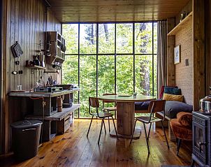 Keuken in Treetrunk, vakantiehuis in Neeroeteren, Limburg, met rustieke houten details en uitzicht op groen.