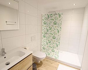 Stijlvolle badkamer van Plus Studio vakantiehuis in Neeroeteren, Limburg, met moderne douche en frisse uitstraling.