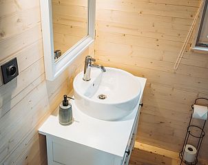 Frisse wastafel in de badkamer van Huisje in Kinrooi, een vakantiehuis in Limburg, Belgi, met houten wanden en moderne accenten.
