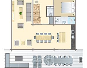 Floor plan of Mooi Zutendaal 10-person villa in Limburg, Belgium, with spacious living room, dining area and terrace for a relaxing vacation.