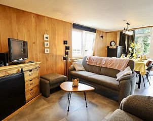 Gezellige woonkamer van chalet Sous les Hetres in Robertville, Ardennen, Belgi met comfortabele zithoek en uitzicht op de natuur.