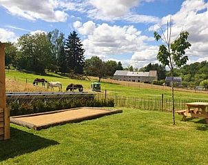 Spacious garden with horses and picnic table at Gite Entre Roches et Nature, vacation home in Dinant, Ardennes, Belgium.