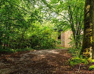 Veranda des Ferienhauses in Izier, Ardennen, Belgien, mit Picknicktisch aus Holz und grner Umgebung, ideal fr ein entspanntes Leben im Freien.