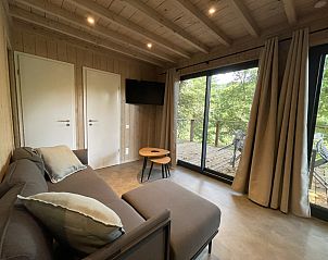 Gezellige woonkamer in Ecolodge met uitzicht op groen terras in Bouillon, Ardennen. Vakantiehuis met 3 slaapkamers, huisdieren welkom.